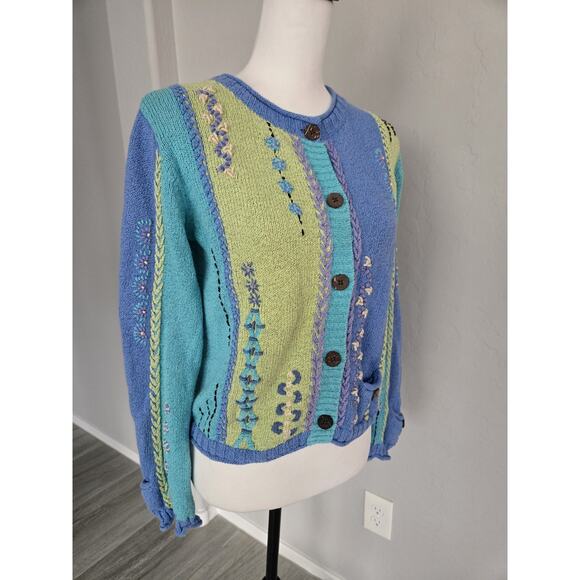 Vtg Norm Thompson Knit Art To Wear Embroidered Colorblock Cardigan Sweater Sz S - Picture 6 of 12